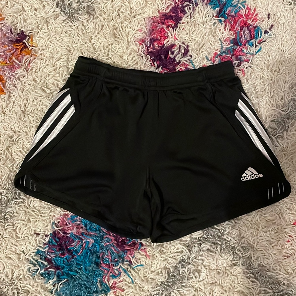 Black Adidas active shorts with white stripes